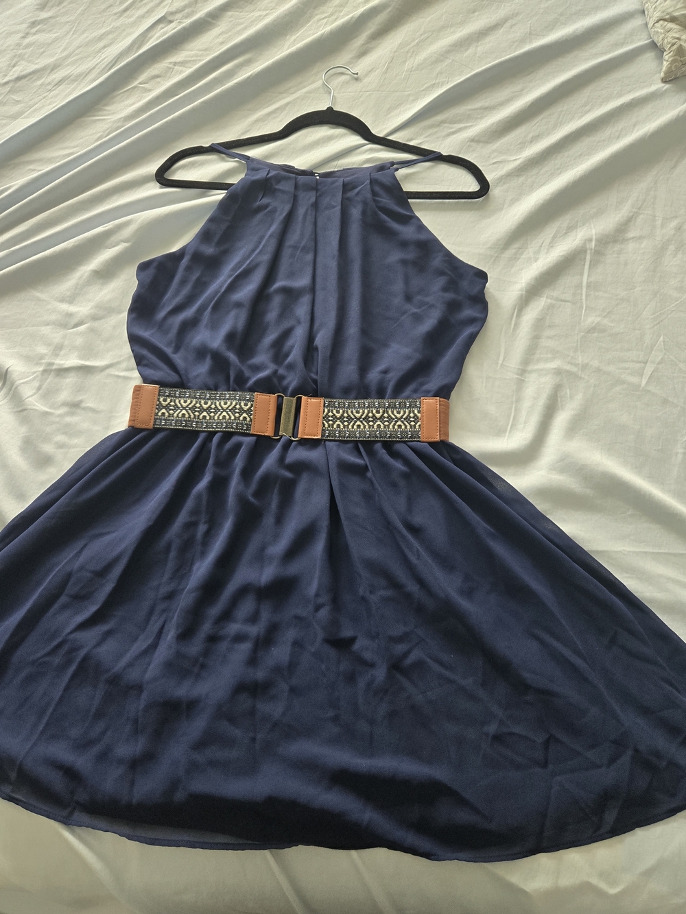 by & by Navy Halter Skater Dress with Patterned Tan Belt, Pre Owned, 14B0412